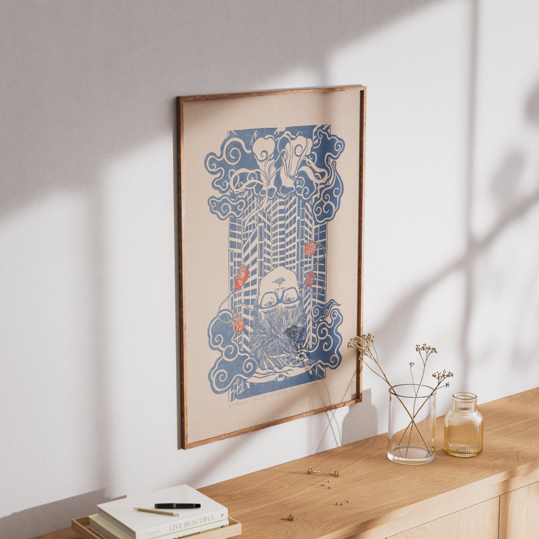Leap-And-Linger-Product-Dau-doi-dat-chan-dap-troi-Mockup-Blue-Do-Paper-Version-on-wall-with-Table