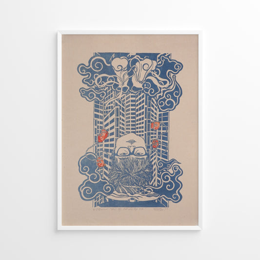 dau-doi-dat-chan-dap-troi-linocut-print-art-picture-product-leap-and-linger-thuan-ngo-trevor-rouge-mockup-blue-do-paper