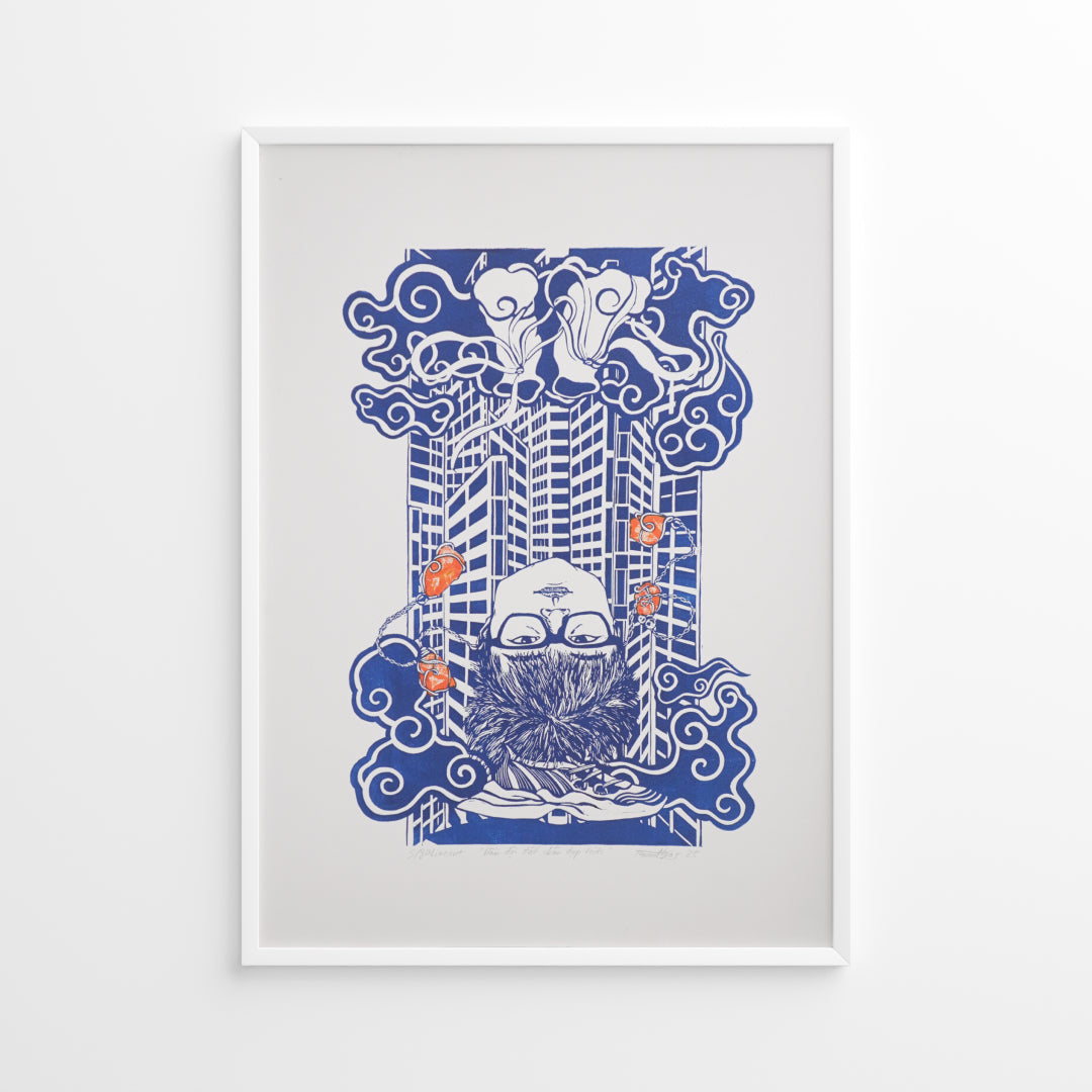 dau-doi-dat-chan-dap-troi-linocut-print-art-picture-product-leap-and-linger-thuan-ngo-trevor-rouge-mockup-blue-canson-paper