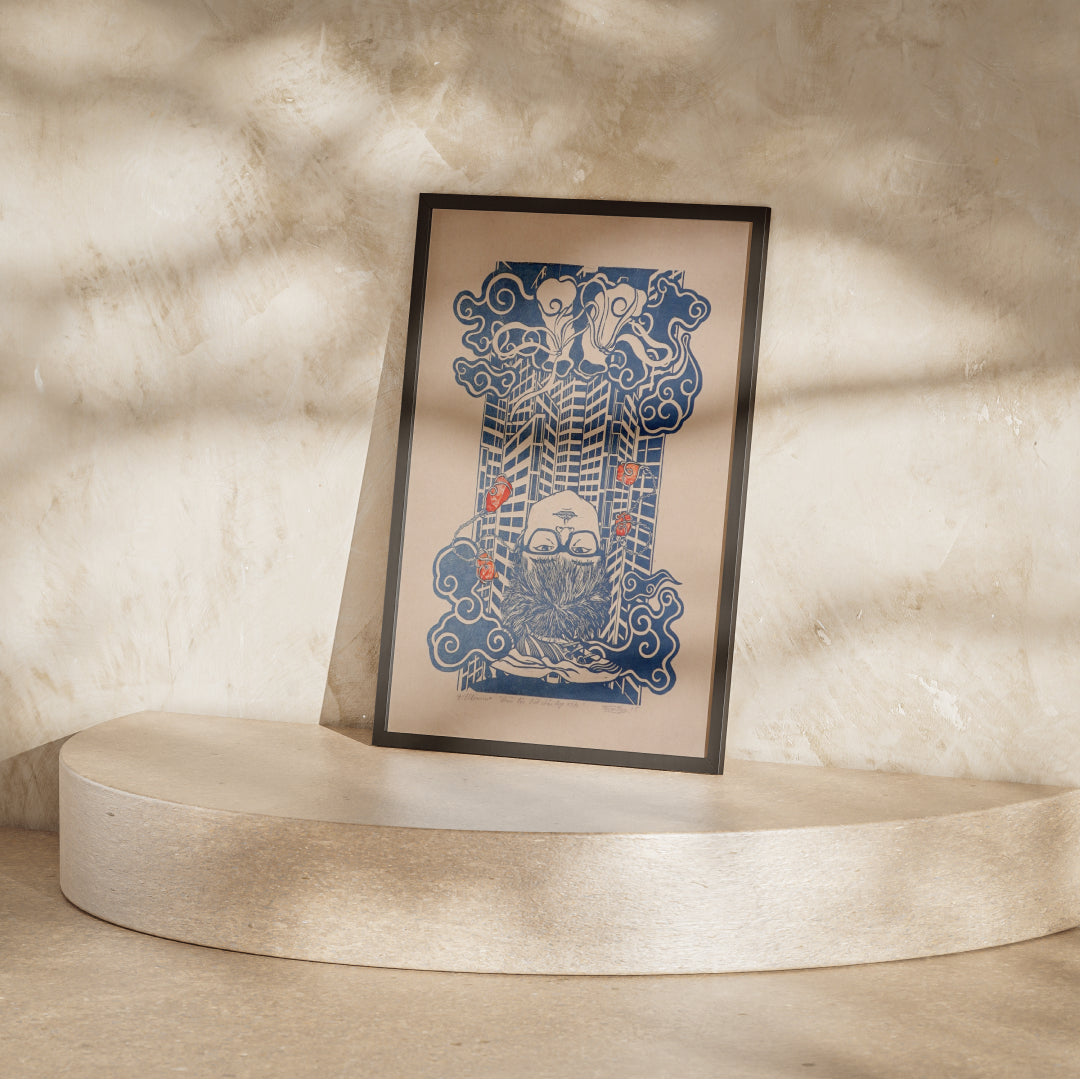 dau-doi-dat-chan-dap-troi-linocut-print-art-picture-product-leap-and-linger-thuan-ngo-trevor-rouge-mockup-blue-version-in-wall