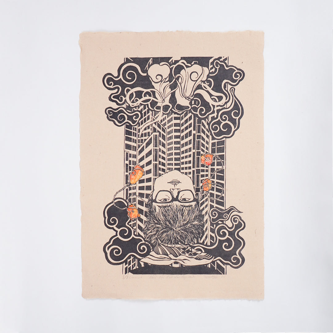 dau-doi-dat-chan-dap-troi-linocut-print-art-picture-product-leap-and-linger-thuan-ngo-trevor-rouge-white-background-black-do-paper